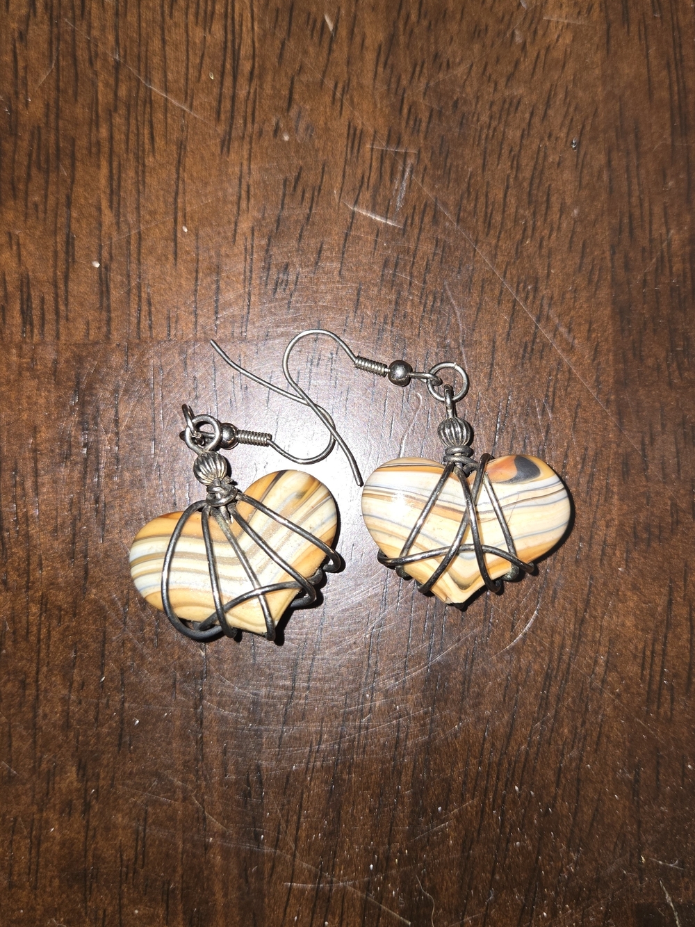 Handcrafted Tan Striped Heart Wire-Wrap Earrings